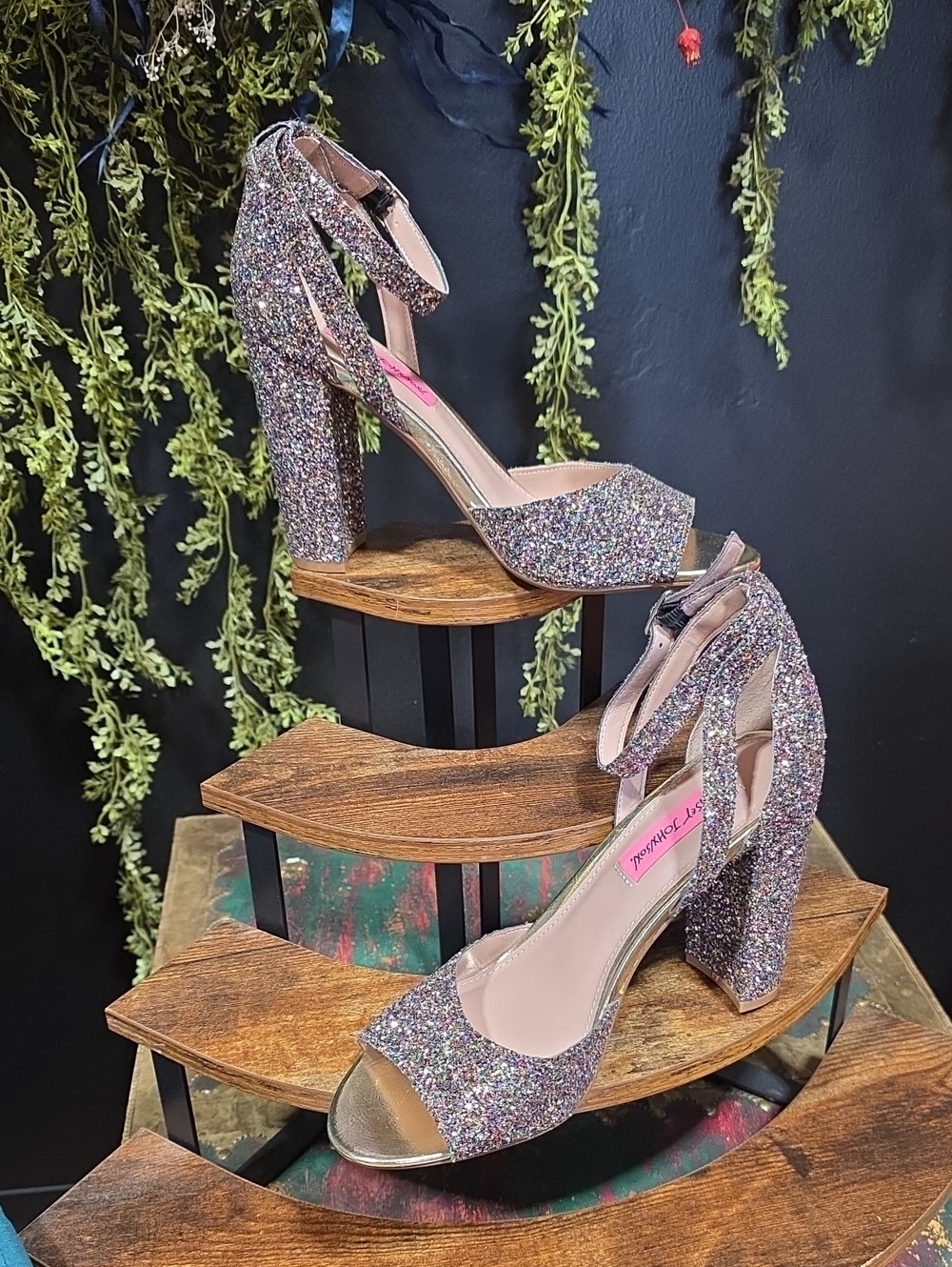 Betsey Johnson Glitter Ankle-Strap Block Heels - Multi Glitter